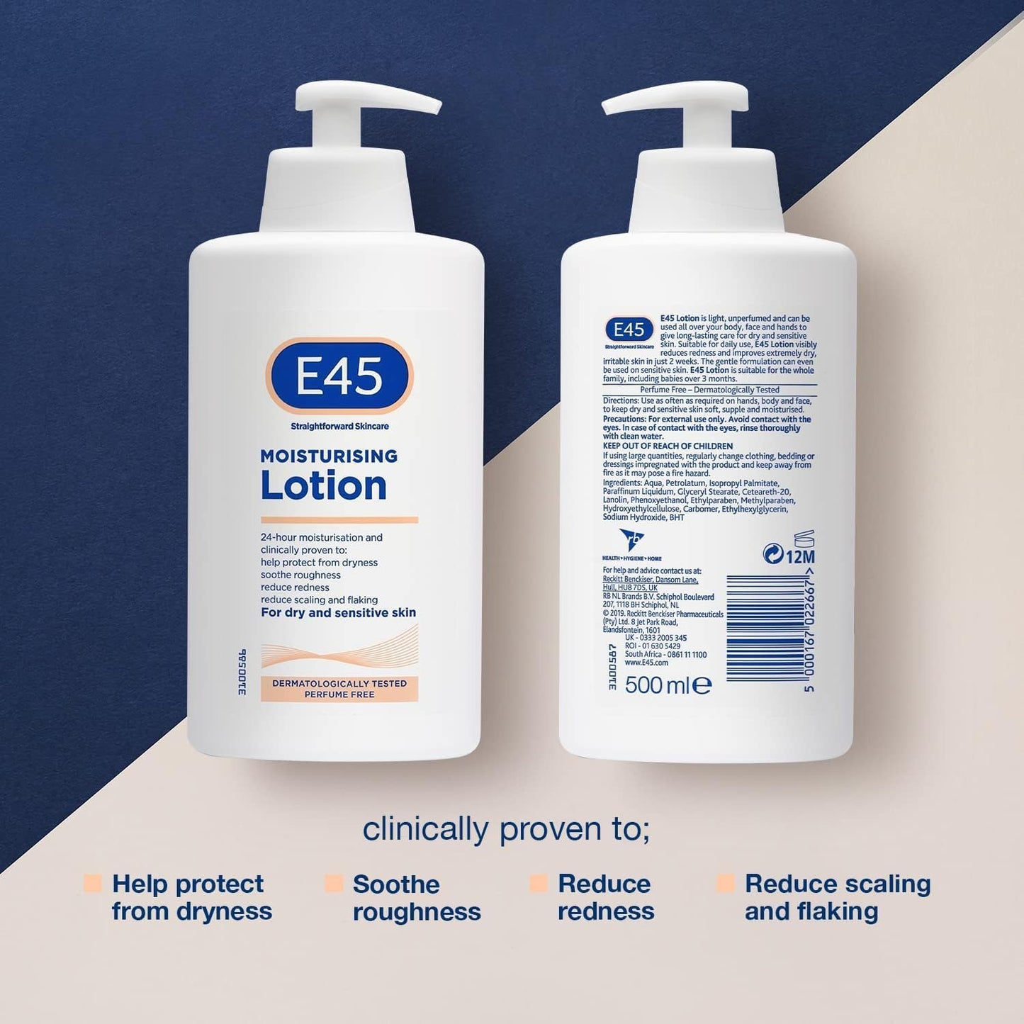 E45 Moisturising Lotion 500 ml - Dermatological Body Moisturiser Lotion - Body Lotion - Daily Moisturiser for Dry Skin &amp; Sensitive Skin – Long-Lasting Hydration Protect from Dryness, Reduce Redness