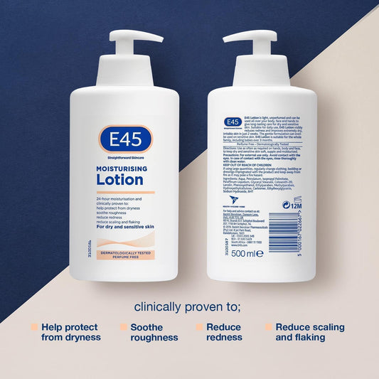 E45 Moisturising Lotion 500 ml - Dermatological Body Moisturiser Lotion - Body Lotion - Daily Moisturiser for Dry Skin &amp; Sensitive Skin – Long-Lasting Hydration Protect from Dryness, Reduce Redness