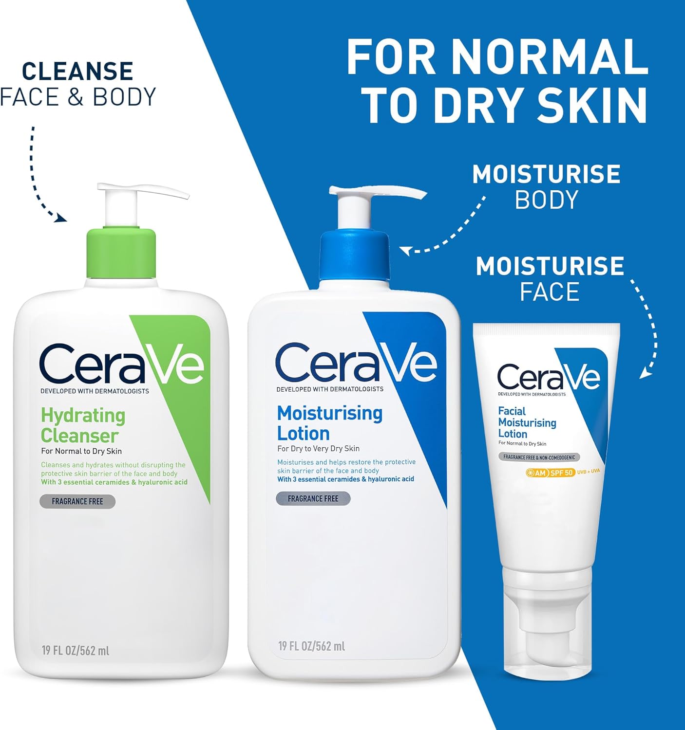 CeraVe Moisturising Lotion with Ceramides for Dry to Very Dry Skin, 562ml | Lighweight Daily Hydrating Face &amp; Body Moisturiser with Hyaluronic acid, MVE technology. Fragrance-Free.