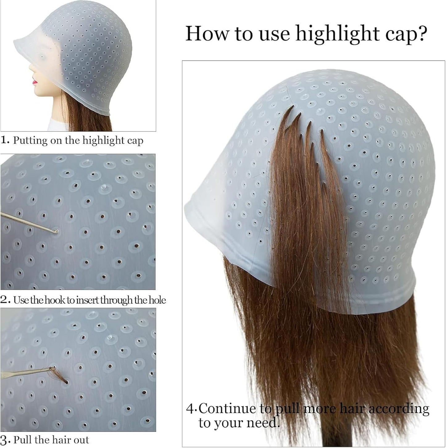 Highlighting Cap, Reusable Silicone Hair Colouring Kit with Hook, Pre-Punched Holes Dye Cap for Home &amp; Salon Streaking, Professional Hairdressing Accessories