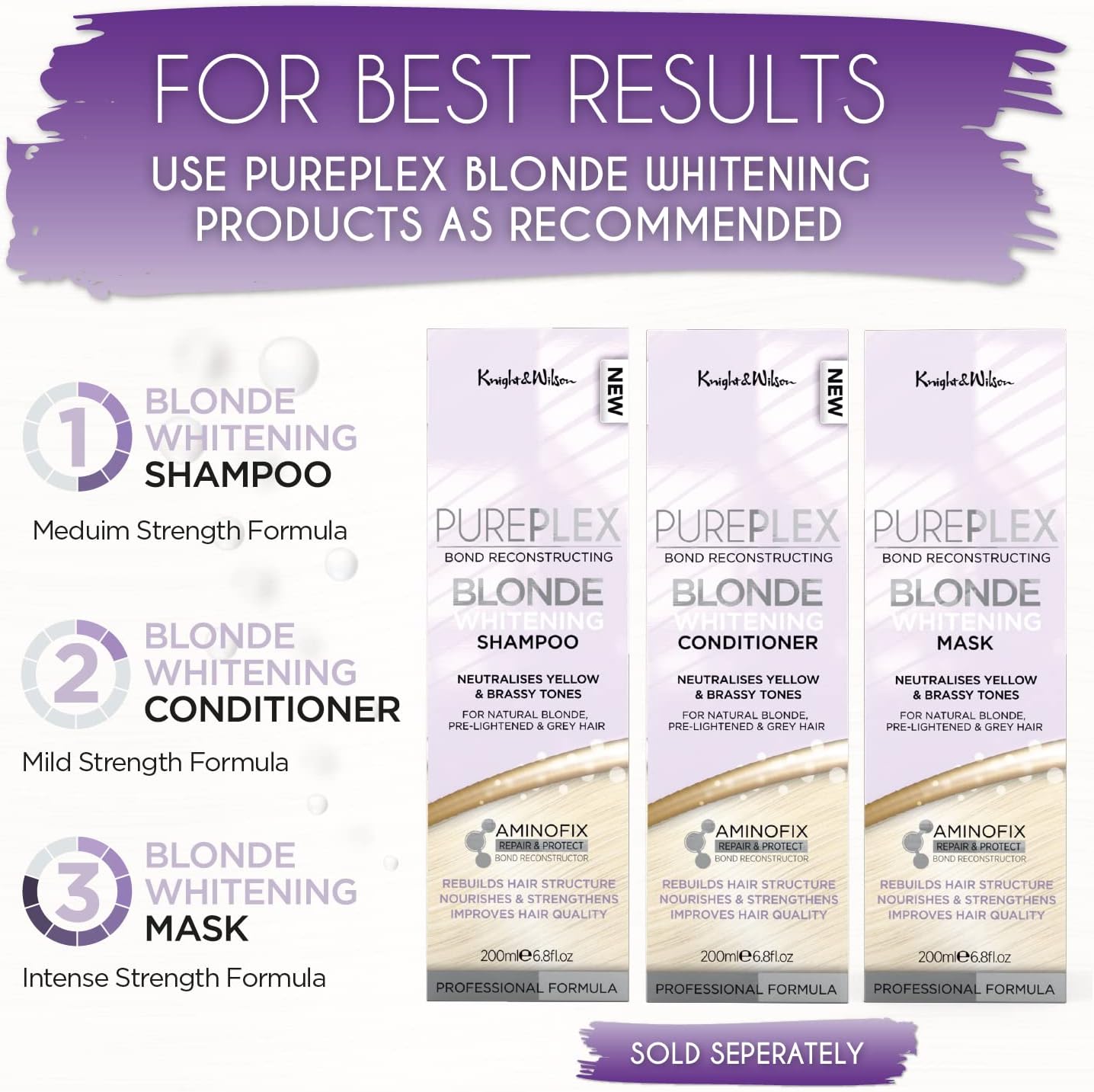 Knight &amp; Wilson PurePlex Blonde Conditioner, for Blonde, Platinum &amp; Grey/Silver Hair, Reduce Brassy Yellow Tones, Toner for Bleached &amp; Highlighted Hair, Cruelty Free, No Parabens or Sulphates, 200ml
