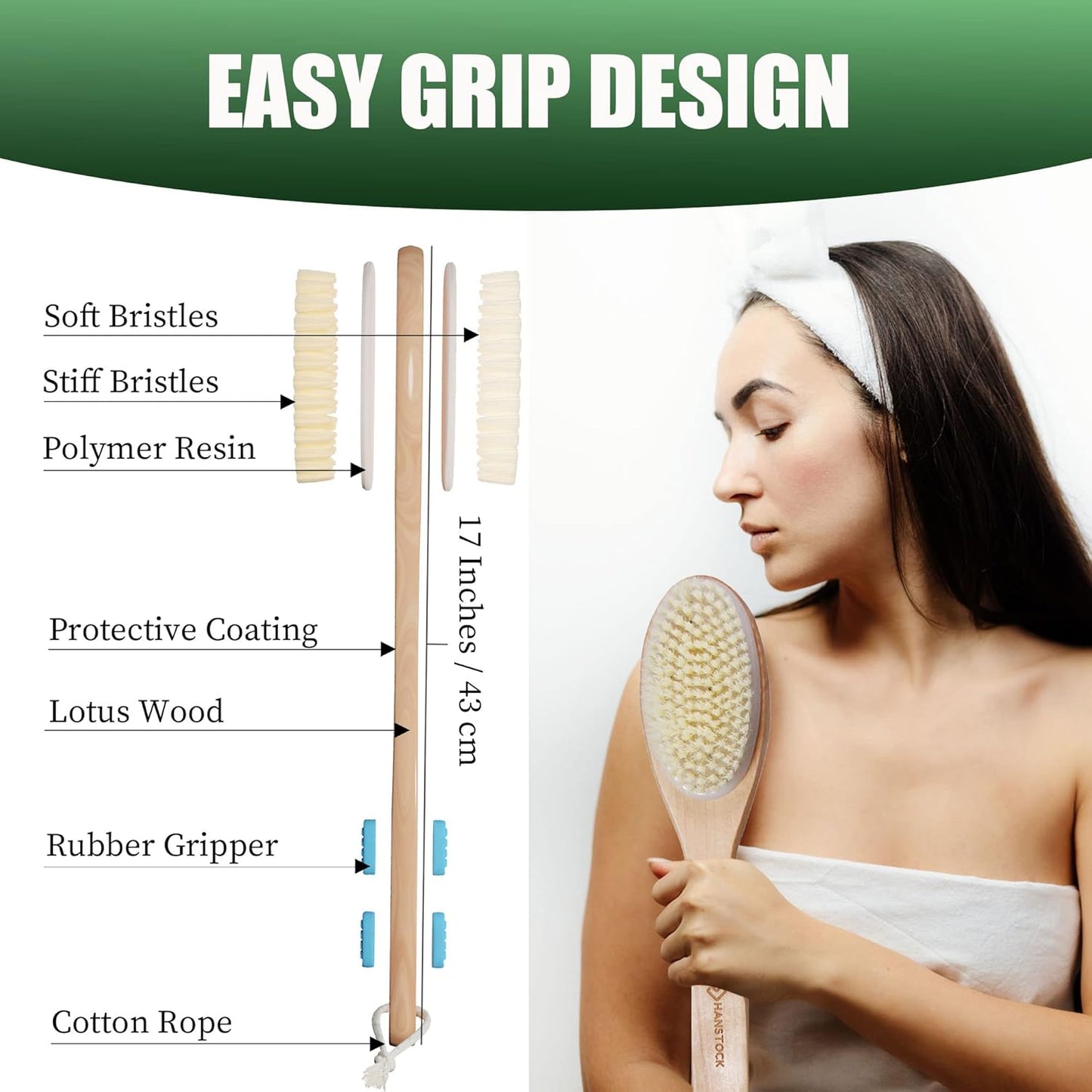 Back Scrubber, 43cm Long Wooden Double-Sided Shower Body Brush with Soft Bristles For Sensitive Skin and Stiff Bristles for Exfoliating Skin