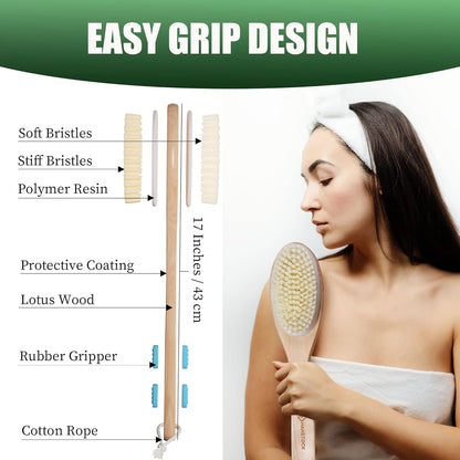 Back Scrubber, 43cm Long Wooden Double-Sided Shower Body Brush with Soft Bristles For Sensitive Skin and Stiff Bristles for Exfoliating Skin