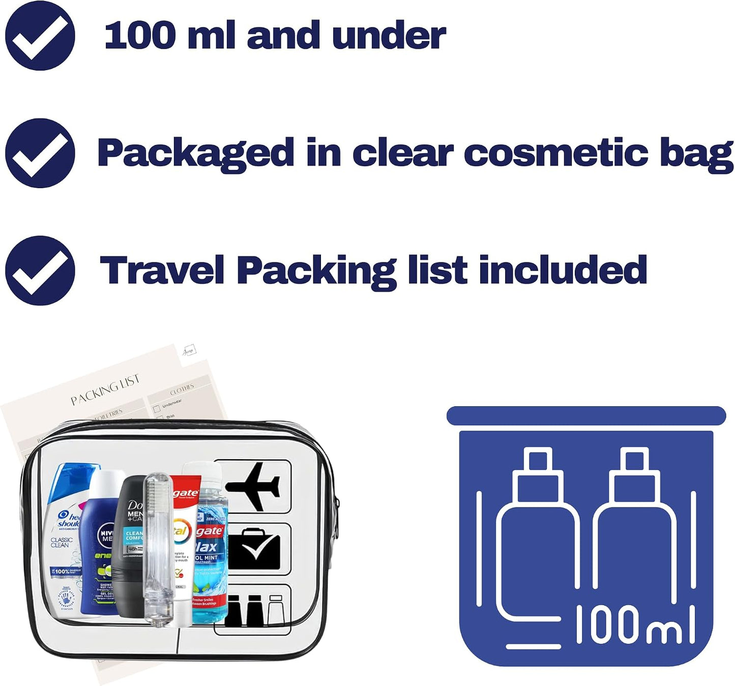 Men’s Travel Toiletries Set – Airport Approved Travel Size Toiletries Kit for Men, Overnight Essentials for Hospital, Camping &amp; Holidays, Clear Travel Bag
