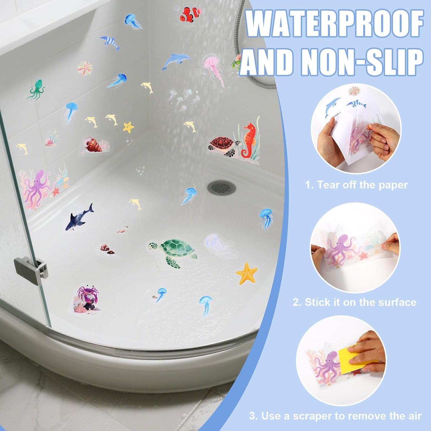 Lyreh 6pcs Sea Creatures Bathtub Grip Stickers, Non Slip Ocean Kids Bathtub Anti Clip Stickers Strong Adhesive Decals Creative and Cute Bathroom Decorations for Bath Tub and Shower Floor