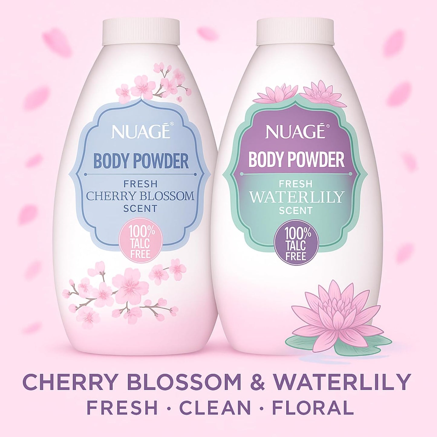 New Nuage Talc Free Body Powder, Cherry Blossom and Waterlily Scent, 250g, 2 Pack with 2X Upgraded Powder Puffs, Anti-Chafing, Absorbs Moisture for Men &amp; Women | AJ Traders Bundle |