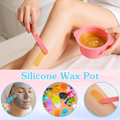 2PCS Silicone Wax Pot Insert,Wax Silicone Bowl with 2 Waxes Sticks,Non-Stick Waxes Pot Silicones Liner,for Preparing Powders,Making DIY Face Masks,Mixing Pigments,and Hair Dyes,Blue, Pink