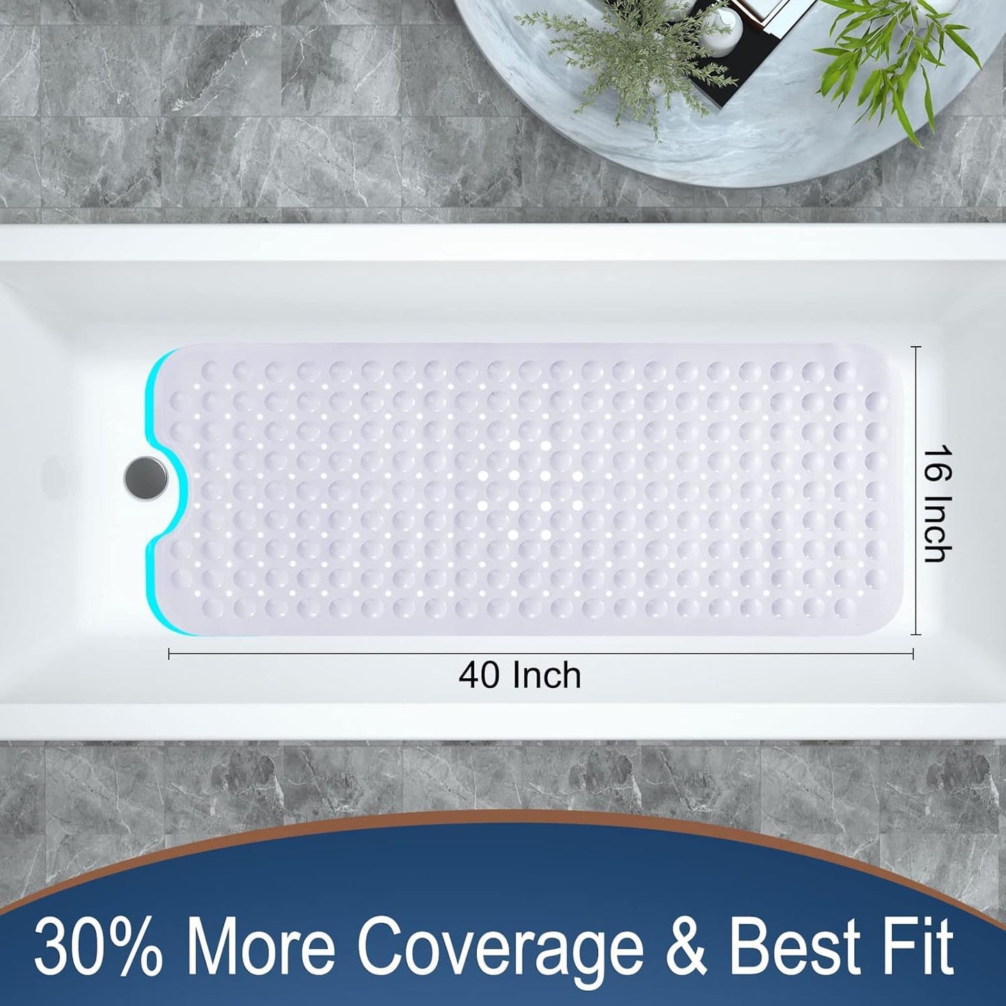 Yimobra Bath Mat 100 x 40 cm, Extra Long Non-Slip Shower Mats with Drain Holes and Suction Cups, Machine Washable, Bathtub Mats Ideal for Elderly &amp; Children, Soft on Feet, White