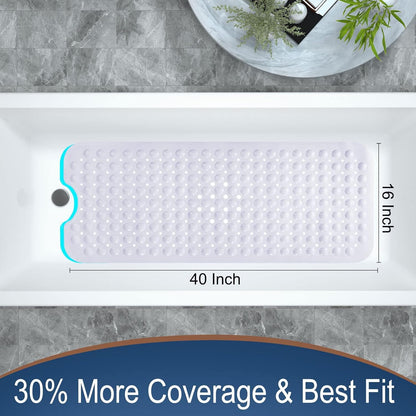Yimobra Bath Mat 100 x 40 cm, Extra Long Non-Slip Shower Mats with Drain Holes and Suction Cups, Machine Washable, Bathtub Mats Ideal for Elderly &amp; Children, Soft on Feet, White