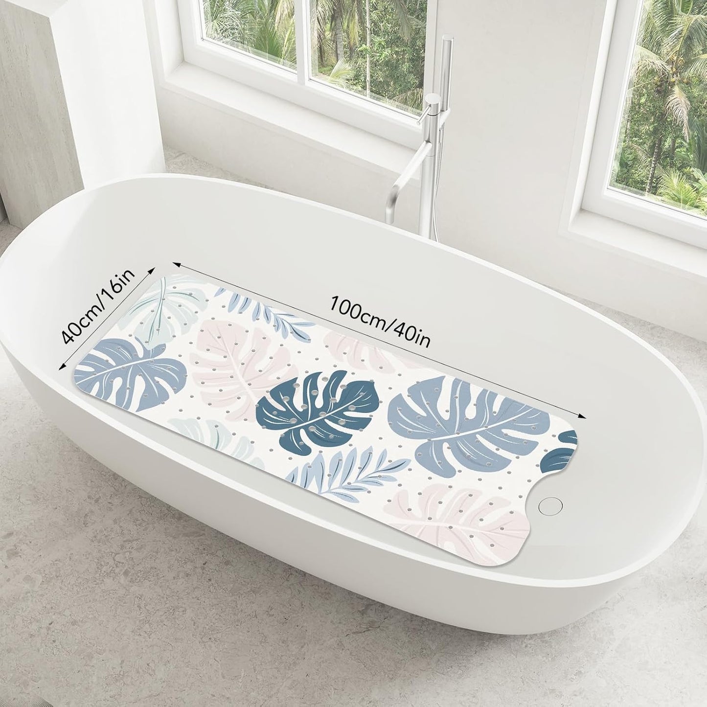 SHUCHING Boho Leaves Bath Mat Non Slip Anti Mould, 100 X 40 cm Extra Long Bathtub Mat Anti Slip, Green Shower Mat Non Slip Anti Mould for Bathroom Machine Washable