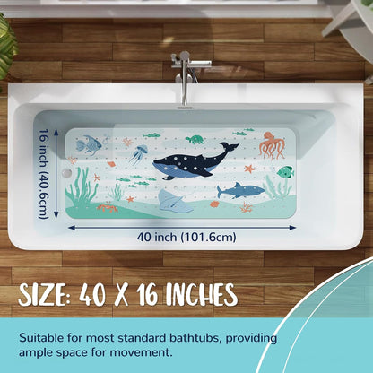 NiBaby Non-Slip Baby Bath Mat with Powerful Suction Cups, 102x41cm Large Size Quick Drain for Children &amp; Elderly Safety in Showers and Tubs, Machine Washable Durable PVC Comfortable &amp; Safe (Whale)