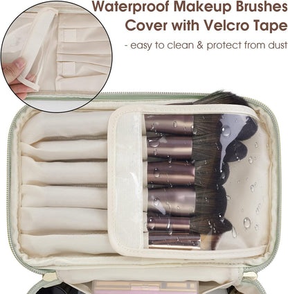 Travel Makeup Bag with Brush Compartment, Large Cosmetic Bags, PU Leather Makeup Case with Handle, Water-Resistant for Women, Green (Patent Pending)