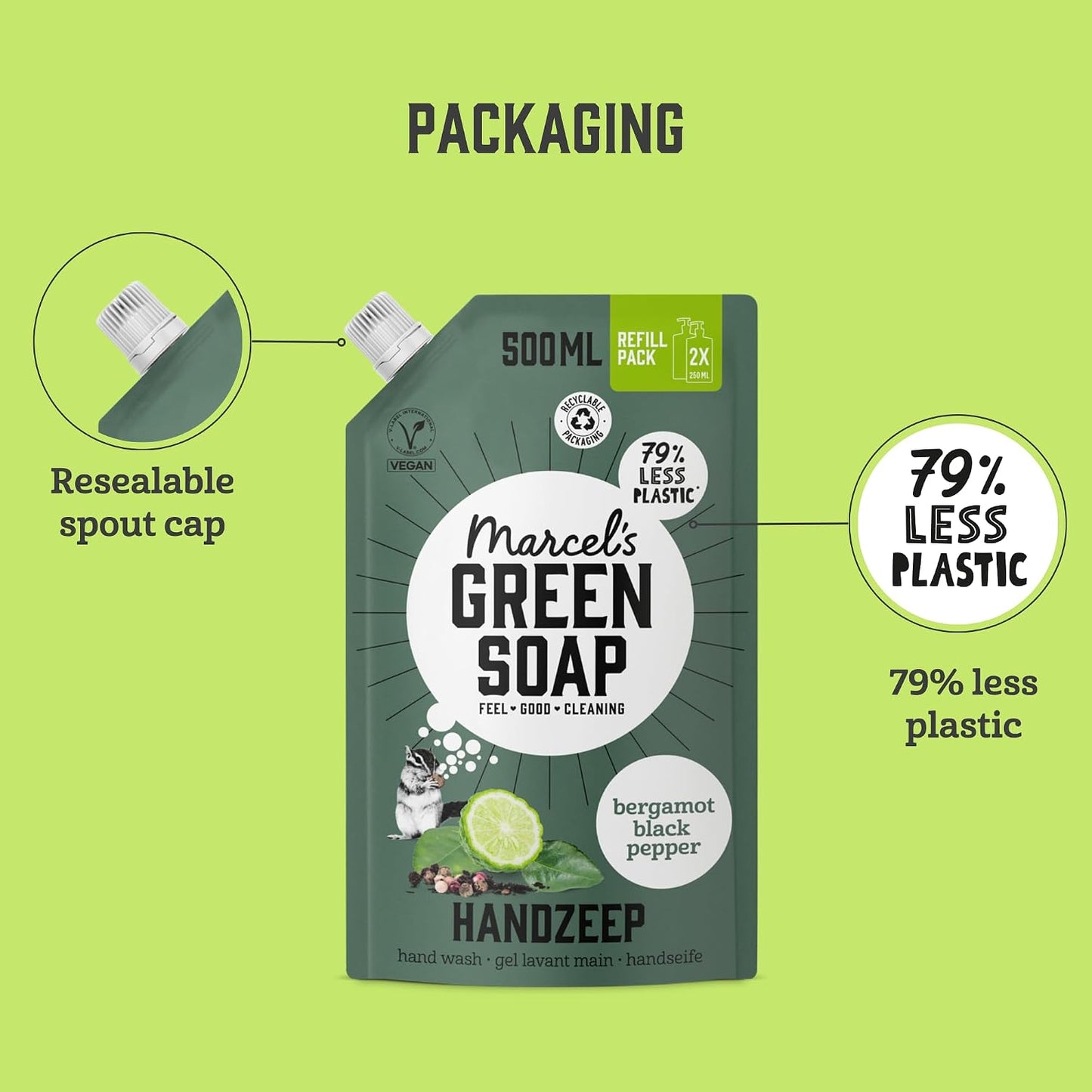 Marcel's Green Soap - Hand Soap Refill Black Pepper &amp; Bergamot - Handwash Dispenser Refill - Microplastic-free formula - Vegan - Packaging recyclable - 500 ml
