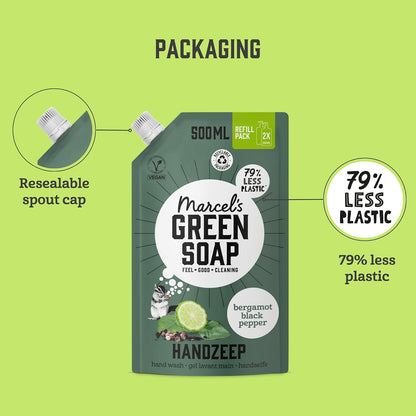 Marcel's Green Soap - Hand Soap Refill Black Pepper &amp; Bergamot - Handwash Dispenser Refill - Microplastic-free formula - Vegan - Packaging recyclable - 500 ml