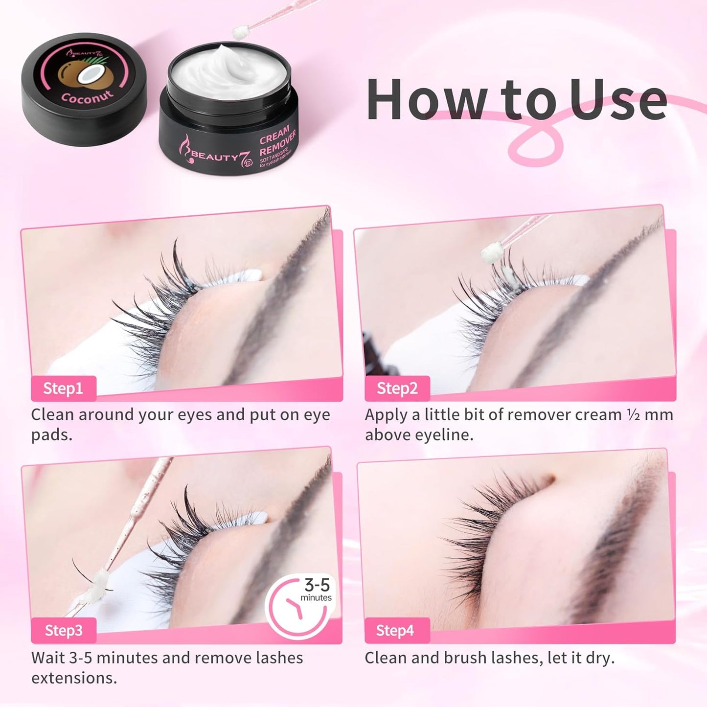 Beauty7 Eyelash Extension Glue Remover Cream Low Irritation and Fast Dissolution Individual Lash Remover Cleanser for Extensions Coconut Scent