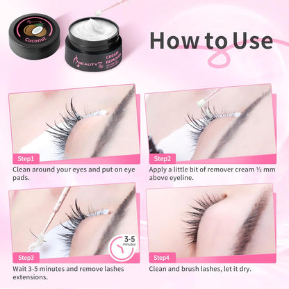 Beauty7 Eyelash Extension Glue Remover Cream Low Irritation and Fast Dissolution Individual Lash Remover Cleanser for Extensions Coconut Scent