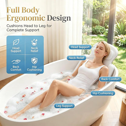 Full Body Bath Pillow, Luxury Bath Cushion with 192 Suction Cups, Bath Pillows for Tub for Head and Neck Support, with Laundry Bag White, 51" x 16"