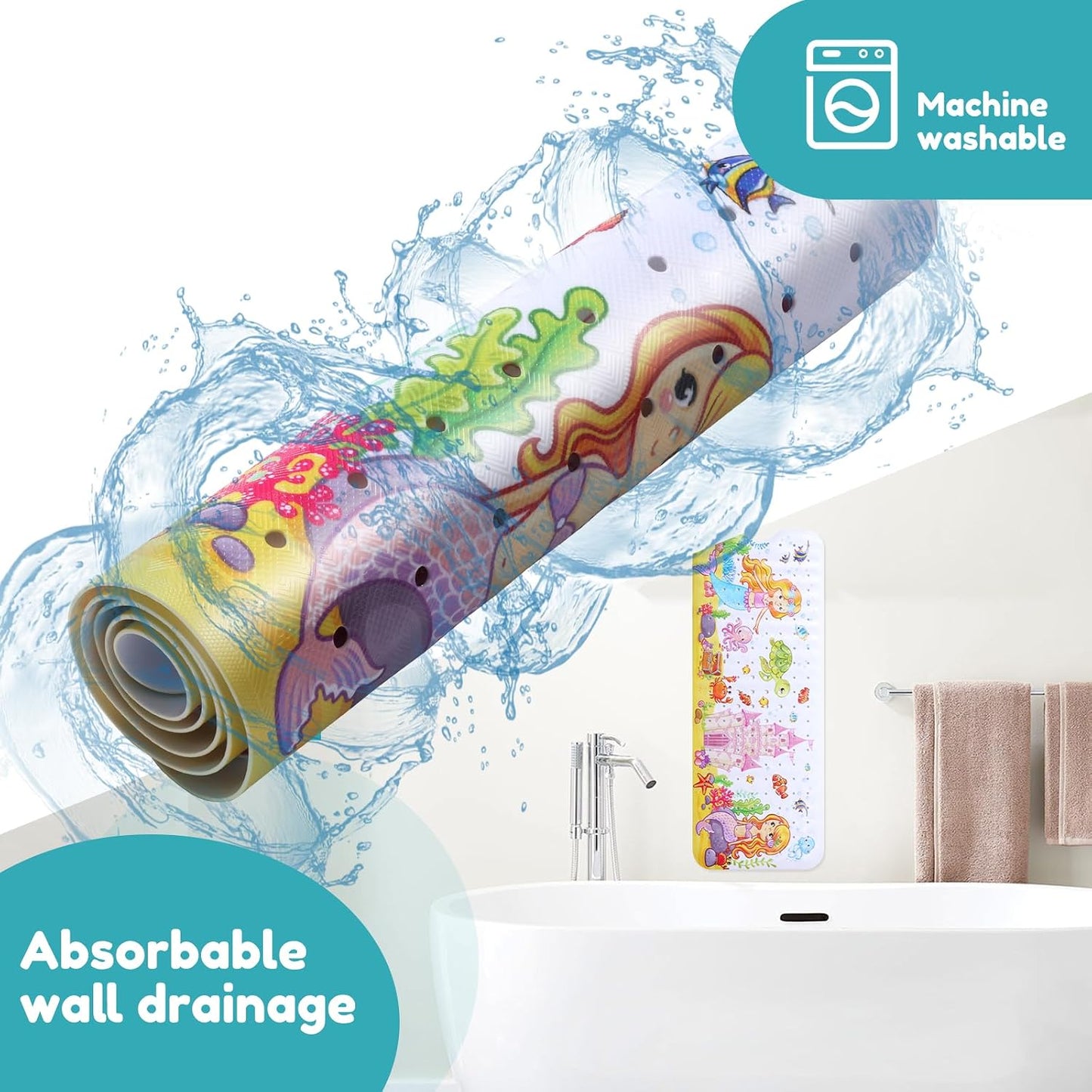 Kids Bath Mat Non Slip Shower Mat, 100x40cm Extra Long Cartoon Baby Bathtub Mats Anti Mould Shower Tub Mats with Suction Cups Machine Washable Bathtub Pad for Baby Children Elderly(Style2)