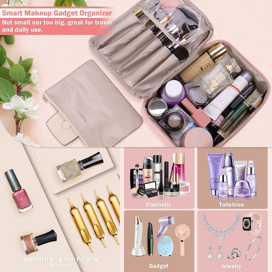 Travel Makeup Bag [with Brushes Holder &amp; Detachable Pouch] Cosmetic Bag Large Capacity Waterproof Makeup Case Storage Organiser for Women &amp; Girls (Pink)