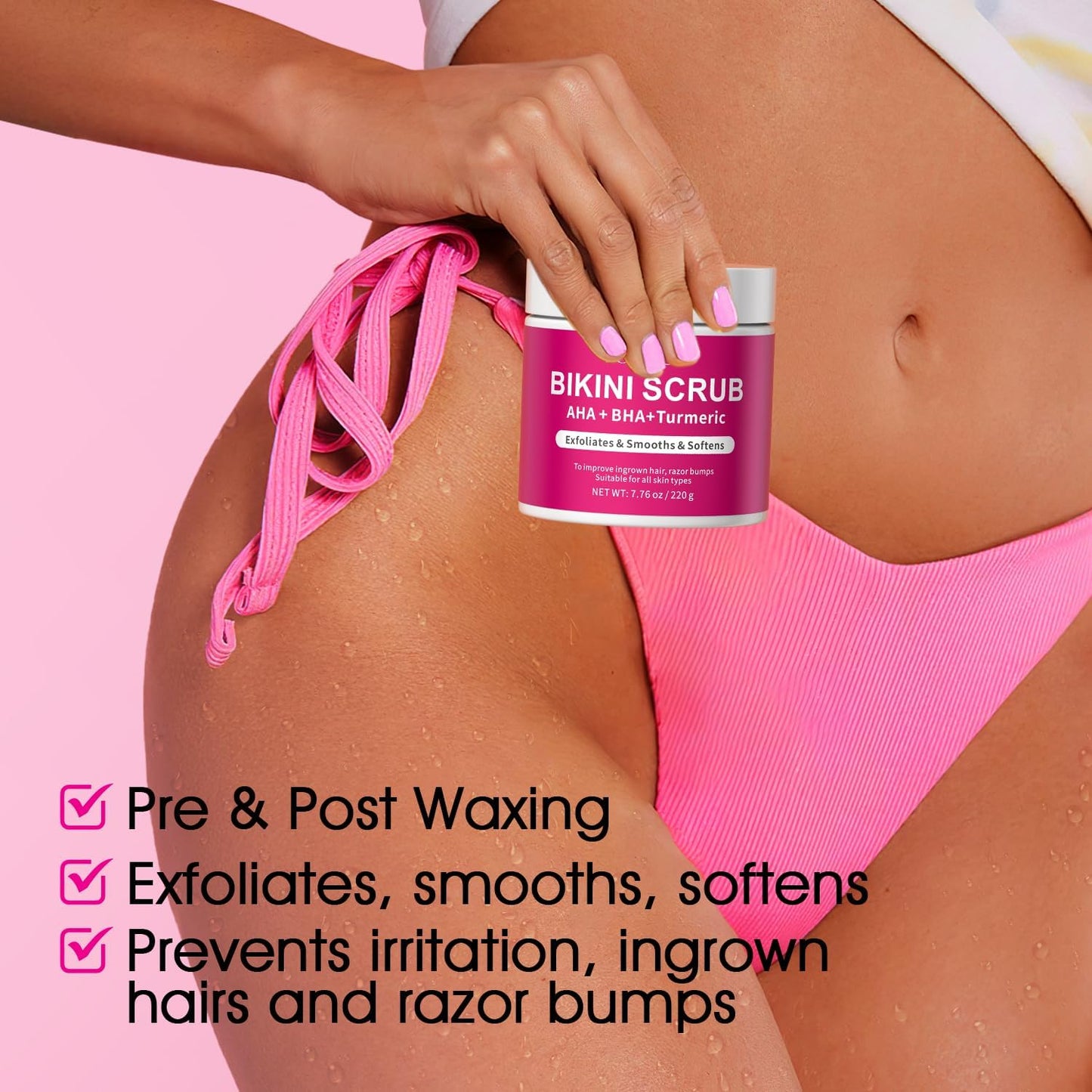 Bikini Scrub with 10% AHA+BHA and Turmeric for Bikini Underarm Area, Removes Ingrown Hairs and Shaving Bumps, Moisturizes and Nourishes Skin, Evens Skin Tone, Exfoliates, 220g