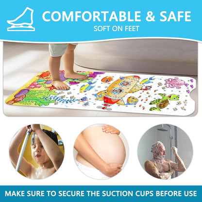 Capslpad Bathtub Mat Non Slip Anti Mould 40x100 cm Cartoon Submarine Bath Mats Extra Large Soft Bath Seat Mat with Suction Cups &amp; Drain Holes Machine Washable Sea Animals Bath Mat