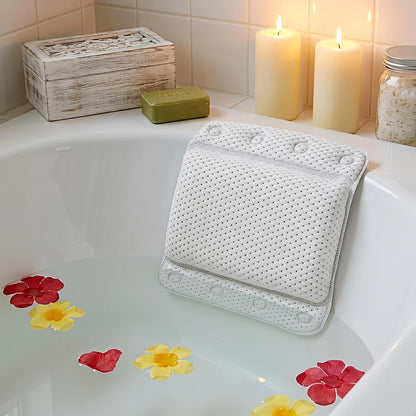 Bathtub Pillow Spa Bath Pillow Soft Cushioned Spa Headrest with 8 Non-Slip Suction Cups, Waterproof PVC &amp; Air Quilted Mesh, Support Neck &amp; Back for Relaxing Bath White