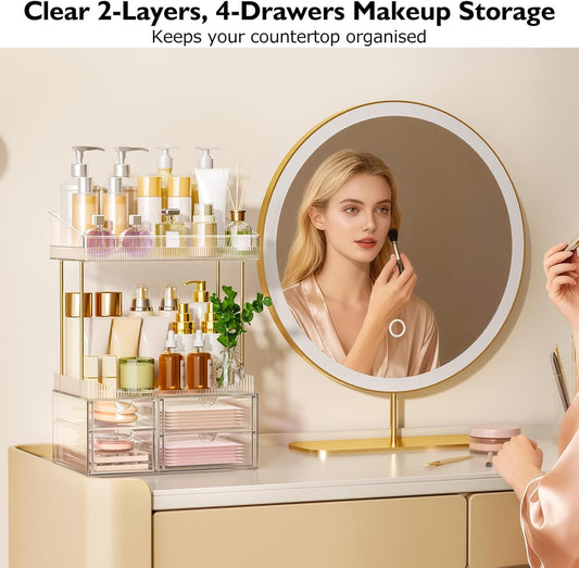 Makeup Organiser - Upgraded Transparent Perfume Organiser with 2 Shelves &amp; 4 Drawer, Make up Storage Non-Slip Design, Skincare Drawer Organisers for Bathroom/Bedroom/Kitchen/Vanity, Clear
