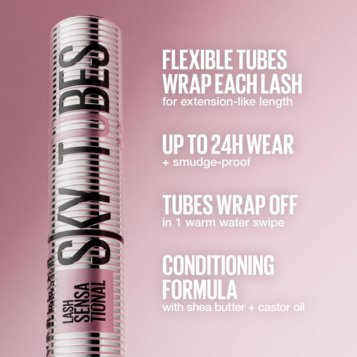 Maybelline Tubing Mascara Black, Lash Sensational Sky High Tubes Mascara with with Shea Butter + Castor Oil, Lengthening for Extension-Like Length, 24H Smudge-Proof, Washable, Vegan, Sensitive Eyes