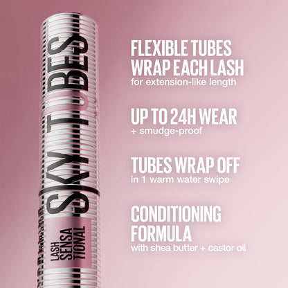 Maybelline Tubing Mascara Black, Lash Sensational Sky High Tubes Mascara with with Shea Butter + Castor Oil, Lengthening for Extension-Like Length, 24H Smudge-Proof, Washable, Vegan, Sensitive Eyes
