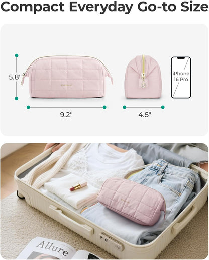 BAGSMART Makeup Bag Travel Cosmetic Bag, Puffy Padded Make Up Bags for Women Large Capacity Makeup Organizer Case, Wide-Open Pouch Purse Travel Essentials Toiletries Accessories Brushes, Pink