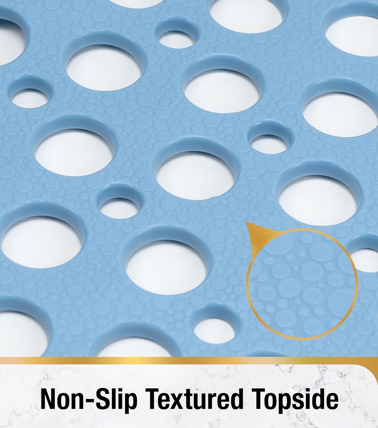 HITSLAM Bath Mat Non Slip Anti Mould, 70 x 38cm TPE Shower Mat for Bathtub &amp; Shower, Machine Washable with Large Drain Holes and Strong Suction Cups, Fast Draining, Blue