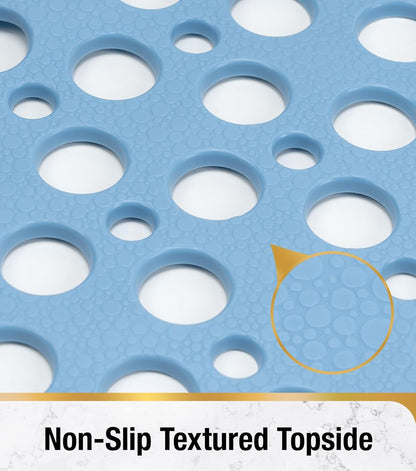 HITSLAM Bath Mat Non Slip Anti Mould, 70 x 38cm TPE Shower Mat for Bathtub &amp; Shower, Machine Washable with Large Drain Holes and Strong Suction Cups, Fast Draining, Blue