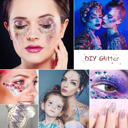 10 Face Glitter Cosmetic Reflective Chunky Cosmetic Glitter for Face Body and Hair(Includes Long Lasting Fix Gel and brush) Festival and Party Beauty Makeup (10 Color)