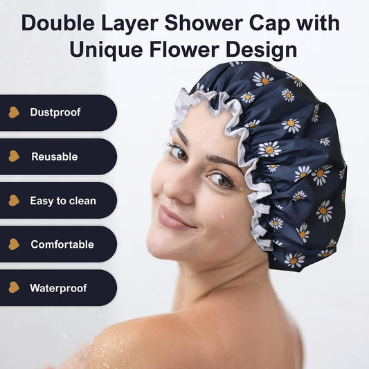 SARG Premium Double Layer Shower Cap for Women with Unique Flower Design- Reusable Shower Cap for Hair - Waterproof Plastic Cap - Shower Caps for Long, Short and Curly Hairs