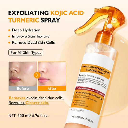 200ml Exfoliating Kojic Acid Turmeric Spray, Body Peel Shot SprayS, Face Peeling Kojic Acid Turmeric Spray, Turmerics Peel Shot Sprays, Gently Exfoliating Face &amp; Body Scrub for Smoother Skin