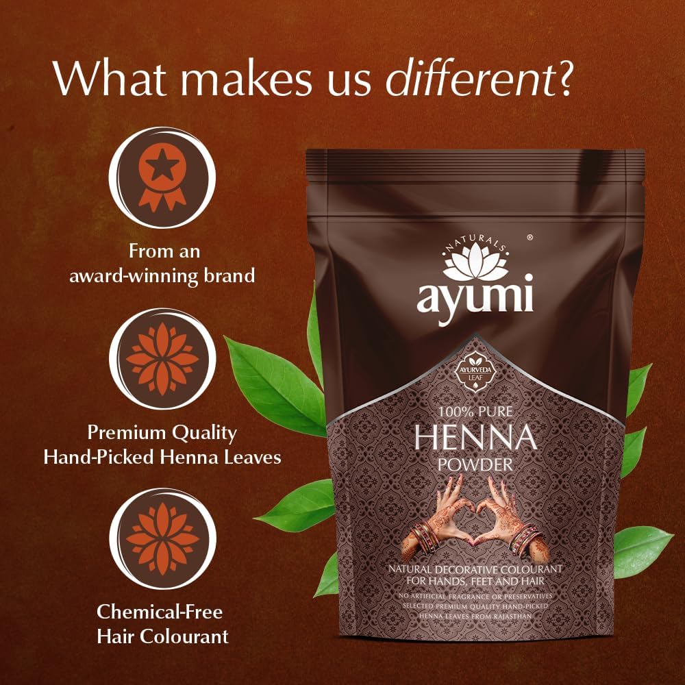 Ayumi Pure Henna 100% (Mendhi), 200g | Natural Dark Red Hair Dye | Chemical-Free Colour | Dandruff Prevention | Hair Growth &amp; Moisture Conditioning Powder