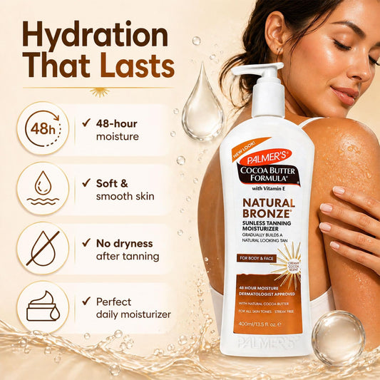 Palmer’s Cocoa Butter Natural Bronze Gradual Tanning Moisturiser 400ml with Vitamin E – Self Tan Lotion for Face &amp; Body, Hydrating, Streak-Free, Long Lasting Glow