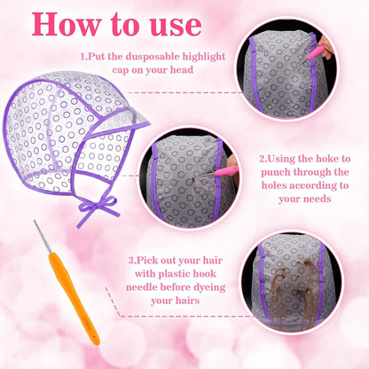 JJUNW 10 Pieces Highlighting Cap Hair Frosting Cap Highlight for Dye Color with 4 Pieces Plastic Hooks Hair Coloring Salon Hairdressing Tool Kit Supplies (Purple/Blue/Pink)