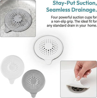 2 Pack Silicone Shower Drain Hair Catcher with Strong Suction Cup, Universal Sink Strainer Protector, Bathtub Plug Hole Cover Hair Stopper Trap for Bathroom Kitchen Sink (White + Grey)