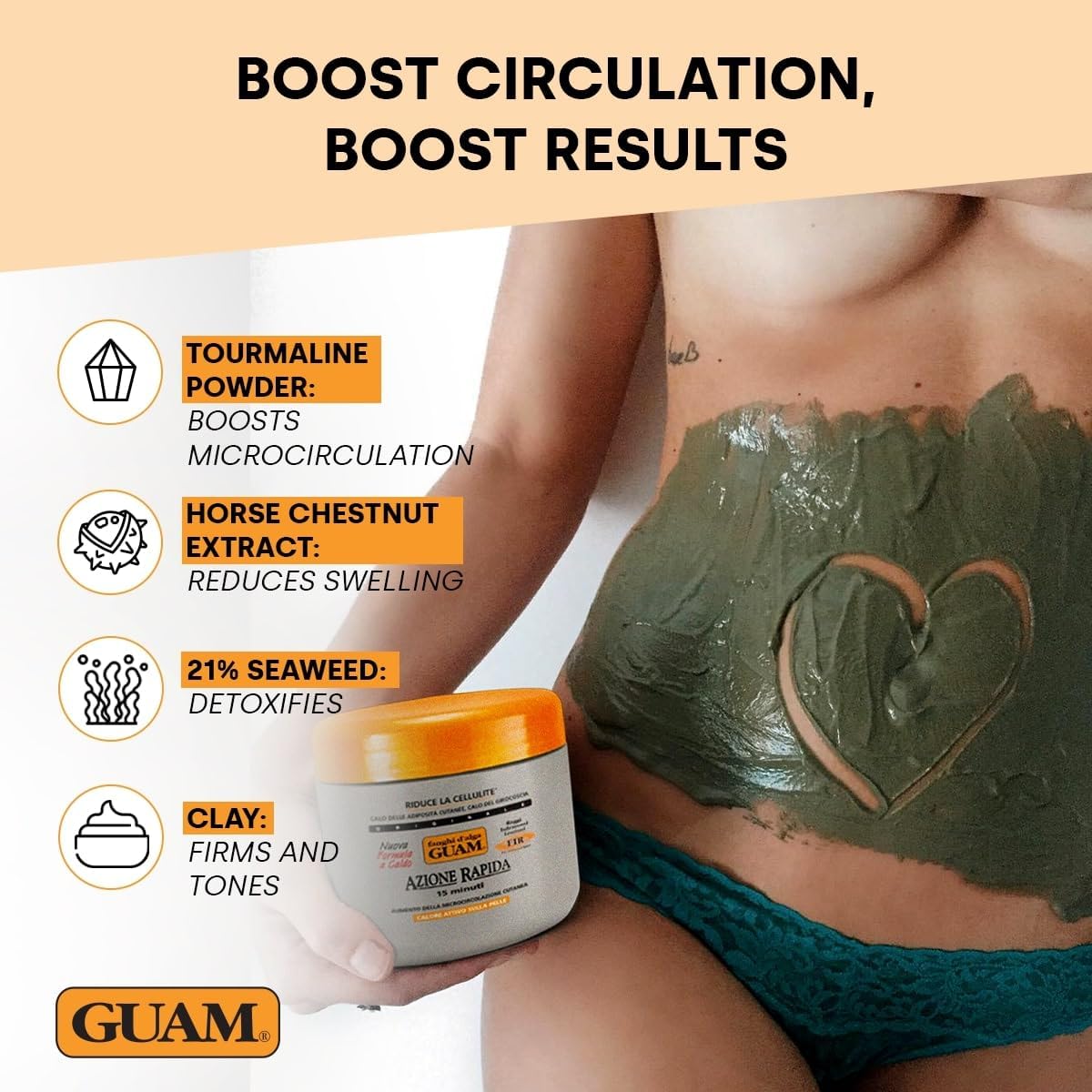 GUAM FIR Anti Cellulite Seaweed Hot Body Mud - 500g Warm Cellulite Remover for Flat Tummy &amp; Waist - Belly Tightening Skin Firming Cream - 15Min Fast Formula to Boost Skin Microcirculation &amp; Elasticity