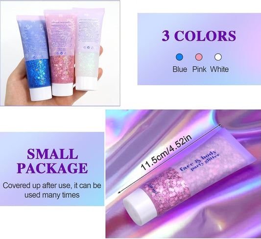 Sularpek 3 Pcs Face Glitter, 50ml Hair Glitter Gel, Sequins Shimmer Liquid Eyeshadow, Mermaid Sequins Festival Glitter for Face Body Eye Hair Festival Party Makeup Decoration