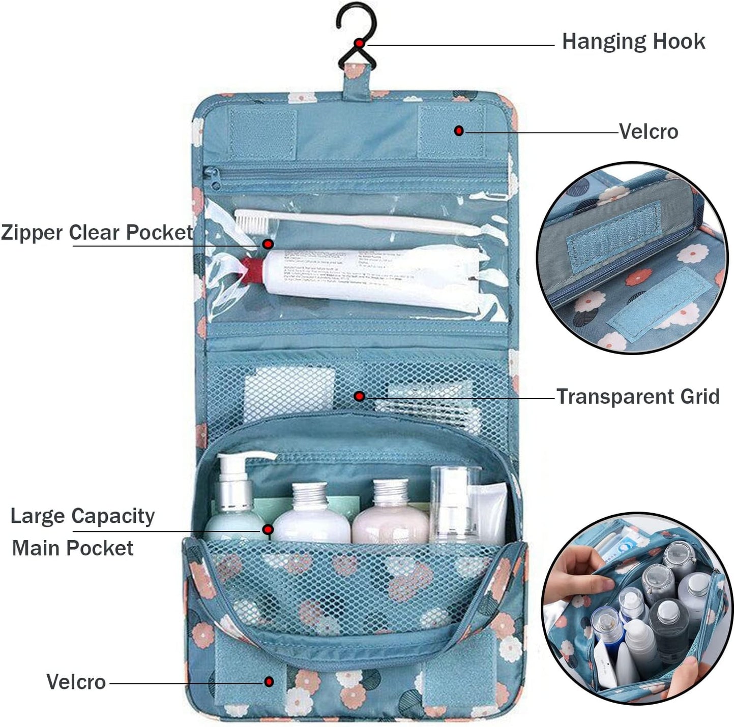 Travel Toiletry bag, Hanging Toiletries Wash Bag Makeup Cosmetic Organizer Bags for Women Girls Kids Waterproof Foldable (Leopard Print)