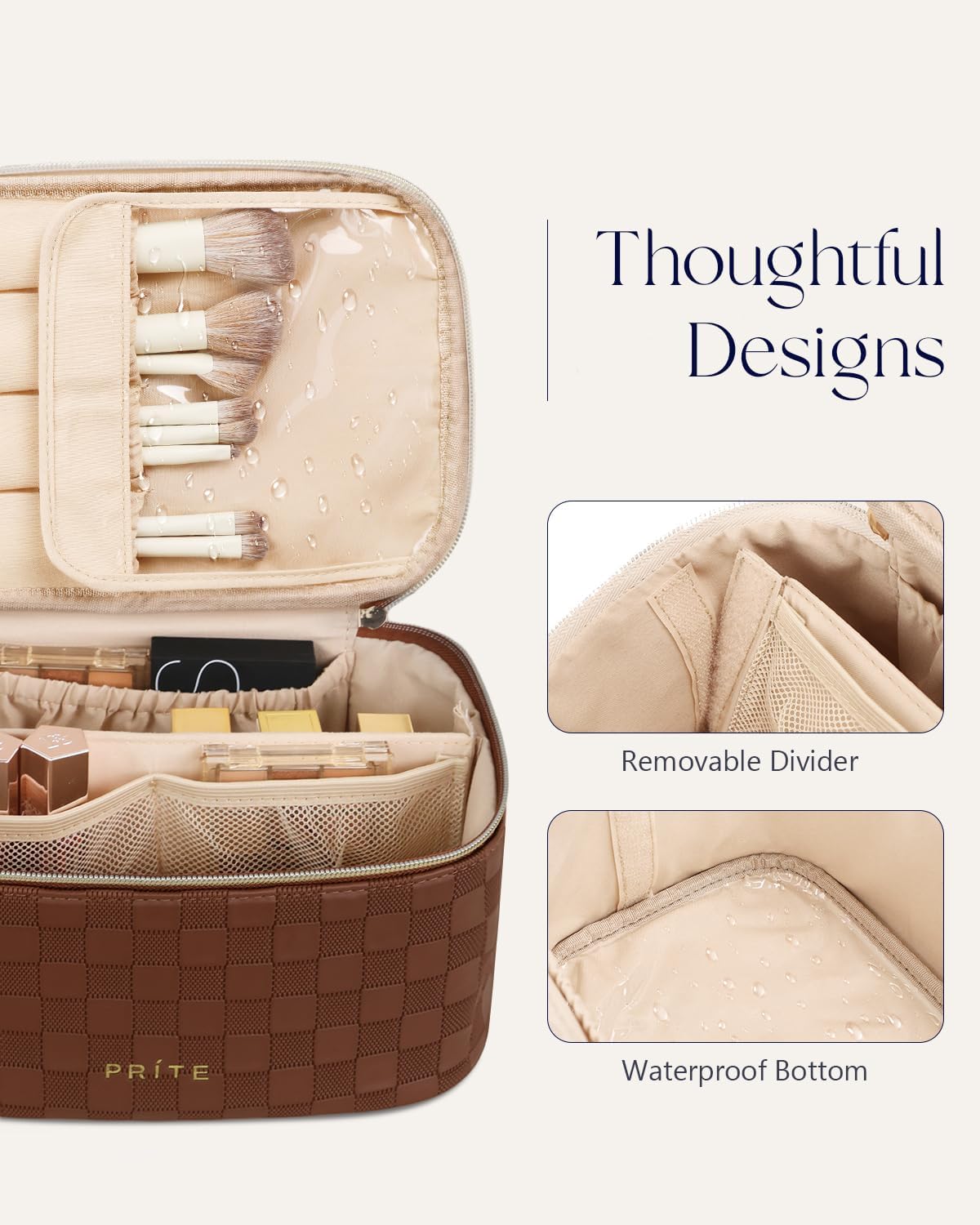 Prite Makeup Bag Toiletry Case for Women with Brush Holder, Brown, Standard | Travel Essentials, Cosmetic Organiser, Multi-Compartments, Detachable Divider, Water-Resistant Faux Leather, Durable Handle