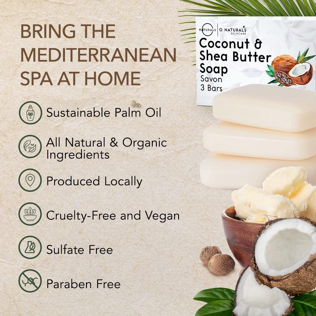 O Naturals Organic Soap Bar Set – Natural Bath &amp; Body Soap Bars for Women &amp; Men, Moisturizing Face and Body Bath Gift Collection, 3 Pack (Coconut and Shea Butter)