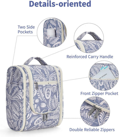 Narwey Hanging Toiletry Bag, Wash Bag Women, Travel Toiletry Bags for Women, Toiletries Bag Washbag Makeup Cosmetic Organiser for Holiday Essentials Accessories (Blue Leaf (Small))