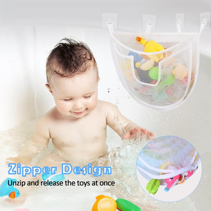 Bath Storage, Large Capacity Holder With Bottom Zipper, Quick Release Bathtub Organizer With Large Pocket, Corner Mesh Basket Bin for Bathroom Toys - White