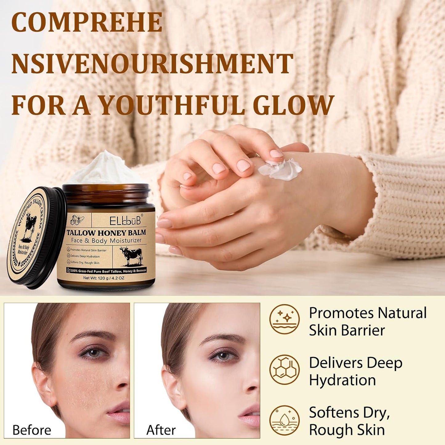 Whipped Tallow Cream for Face &amp; Body - 100% Grass-Fed Beef Tallow, Natural Honey &amp; Beeswax Moisturizer, Deep Hydration &amp; Nourishment, Oil-Free &amp; Unscented, Fast Absorbing