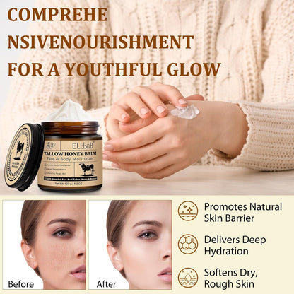 Whipped Tallow Cream for Face &amp; Body - 100% Grass-Fed Beef Tallow, Natural Honey &amp; Beeswax Moisturizer, Deep Hydration &amp; Nourishment, Oil-Free &amp; Unscented, Fast Absorbing