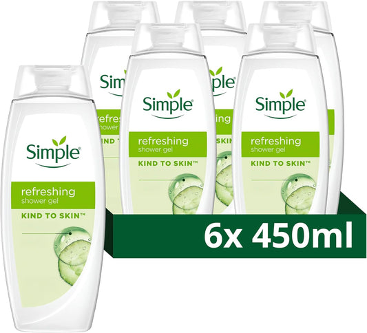 Simple Kind to Skin Refreshing Shower Gel Body Wash with cucumber extracts and pro-vitamin B5 for sensitive skin 6x 450 ml