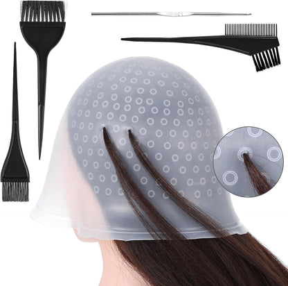 Yuanchu Silicone Highlight Hair Cap with Hair Coloring Brushes, Needle and Gloves Highlighting Frosting Cap Professional Salon Silicone Dyeing Staining Hairdressing Tools 7PCS